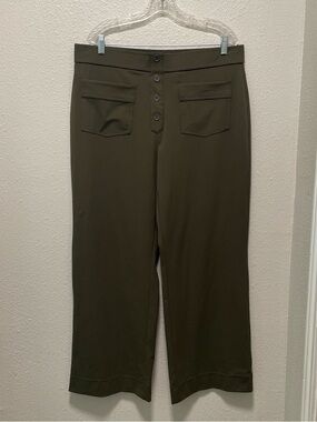 High-Rise Olive Green Button-Front Wide Leg Trousers